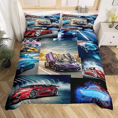 Duvert Cover Set Race Car Comforter Cover Cool Speed Racing Car Microfiber Sengetøj Dynebetræk Sæt 1 dynebetræk og 1/2 pudeskam Stil E 140x210cm