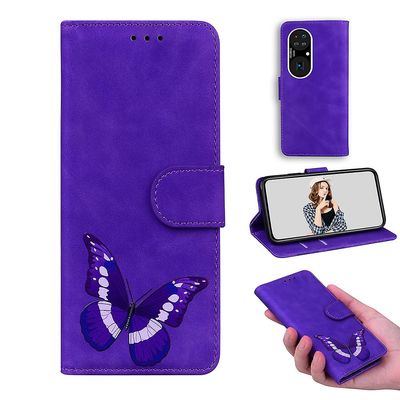 Etui til Huawei P50 Pro Butterfly Cover Premium Læder Magnetisk- Pink Lilla