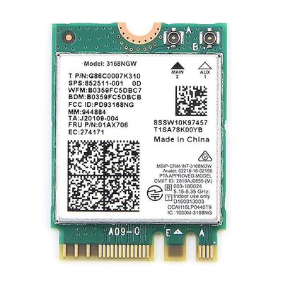 Kaksikaistainen langaton Intel 3168 3168ngw 433mbps Bluetooth 4.2 802.11ac Ngff Wifi -verkkokortille