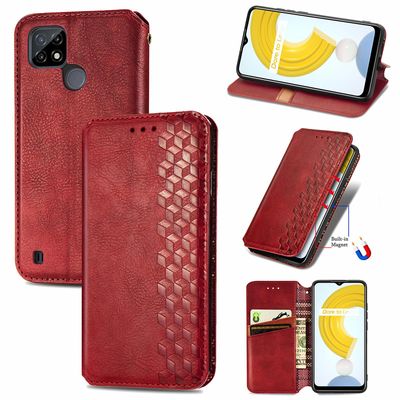 Kompatibel med Realme C21y Flip Case Etui Vintage Wallet Flip Cover med magnetisk lukning Coque - Blå rød