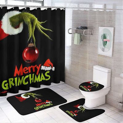 4 kpl Grinch-kuvioinen suihkuverhosarja vedenpitävä kestävä Käytä luistamatonta kodin kylpyhuoneen sisustamiseen B