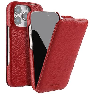 MELKCO iPhone 16 Pro magneettinen kotelo pystysuora käännettävä aito lehmännahka + PC iskunkestävä kansi - punainen Monivärinen Red