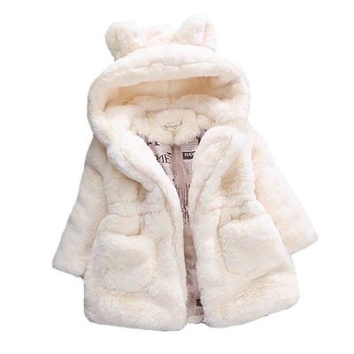 Liltop Piger Iaux Fur Hætteklædte Coat Tyk Jakke Outwewear For 2-9years Kids Hvid 5-6 Years