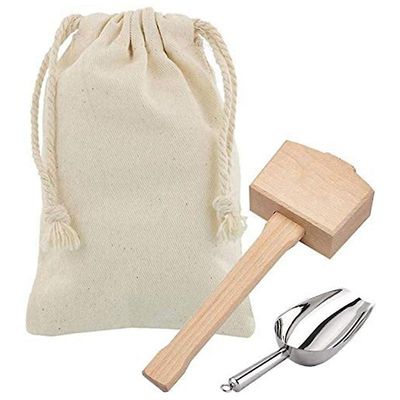 Ice Mallet og Ice Bag - Wood hammer og bomull lin bag for knust is, Bartender Kit &Bar Tool