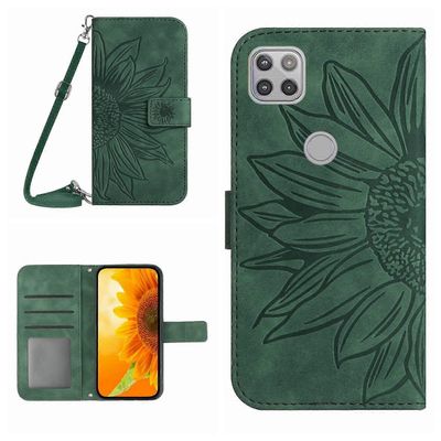 Motorola Moto G9 Power Skin Feel Sun Flower Pattern Flip nahkainen puhelinkotelo kaulanauhalla Vihreä