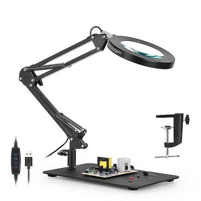 HCSC 10X suurennuslasi valolla, 2-in-1-kaatumisenestopohja ja puristimen suurennuslamppu, 3 väritilaa portaaton himmennettävä, säädettävä kääntövar...