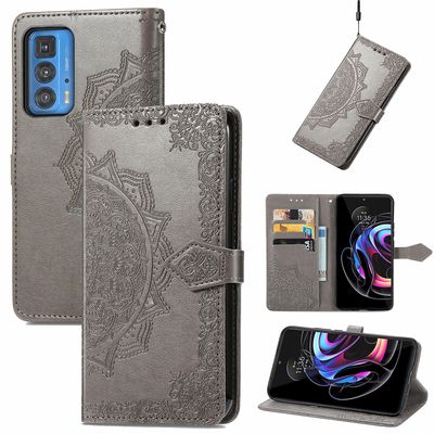 Etui til Motorola Edge 20 Pro Cover Læder Tegnebog Cover Prægning Mandala Magnetisk Flip Protection Stødsikker - Grå