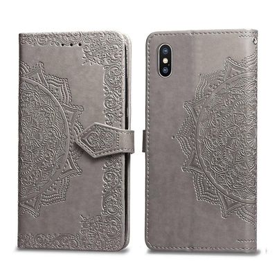 Etui til Iphone Xs Max Cover Læder Tegnebog Cover Prægning Mandala Magnetisk Flip Protection Stødsikker - Grå