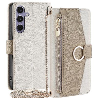 Samsung Galaxy S24+ vetoketjullinen tasku puhelimen kansi crossbody-kotelo meikkipeilillä Valkoinen