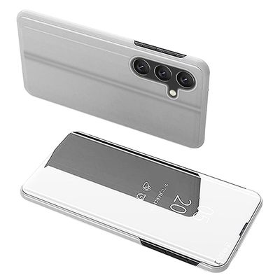For Samsung Galaxy A54 5g Vis vindu Pu skinn beskyttende telefondeksel stativ speil galvanisering anti-riper telefondeksel Sølv