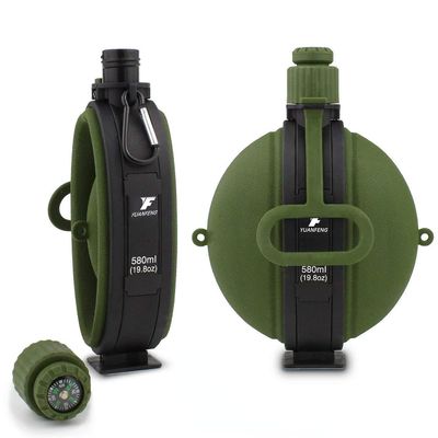 Vandflaske 580ml Sammenklappelig militær mad grade silikone vand kedel kantine med kompas flaske hætte til vandreture Camping Grøn