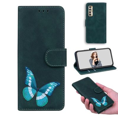 Etui til Tecno Camon 17p Butterfly Cover Premium Læder Magnetisk- Pink Grøn