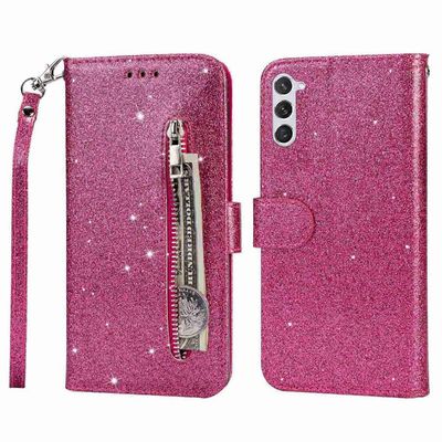 Samsung Galaxy S24 -kotelolle kimalteleva puhelimen lompakon kansi vetoketjutaskulla Vaaleanpunainen Rose