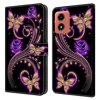 Motorola Moto G04 4G kansi 3D-kuvion tulostus lompakko nahka puhelinkotelo kukat / perhoset Violetti