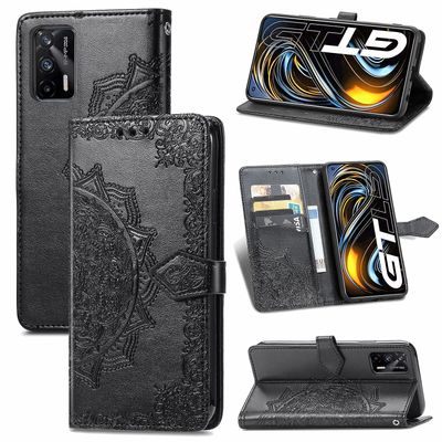 Etui til Realme Gt 5g Cover Læder Tegnebog Cover Præget Mandala Magnetisk Flip Protection Stødsikker - Sort