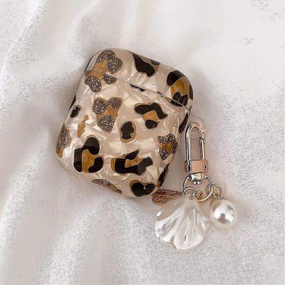 airpods tilfelle med perle shell nøkkelring, glitter tpu myk sak deksel støtsikker beskyttende søt airpod tilfelle dekke skinn leopard mønster komp...