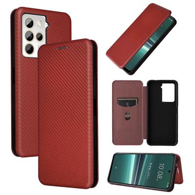 Foxdock Yhteensopiva HTC U23 Pro -puhelimen kanssa Hiilikuitukuvioinen Premium läppäkotelo kortinpidikkeen magneettisella sulkimella Ruskea