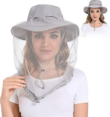 Mosquito Head Net Hat - Bug Cap Upf 50+ solbeskyttelse med skjult netting for birøkt Vandring Menn og kvinner A Grå