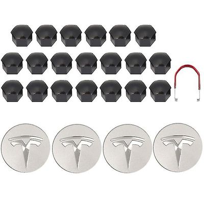 Tesla Model 3 Y S X Wheel Cap Kit Center Cap Hub Lug Mutter Cover Svart Röd Vit Grå med 4 Center Cap 20 Lug Mutter Omslag Silver Ljus