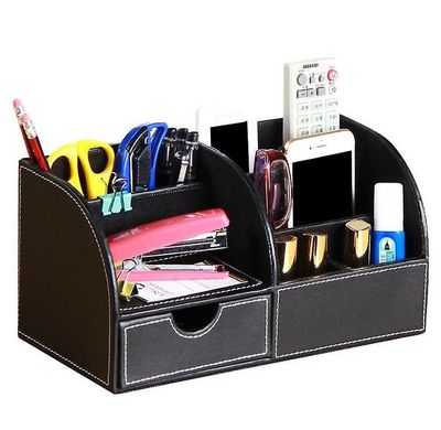 Handuo Læder Multi-funktion Skrivebord Brevpapir Organizer Opbevaring Box Pen / blyant sort