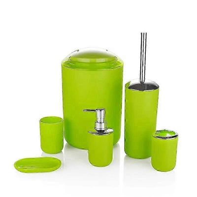 6kpl kylpyhuonetarvikesarja - hammasharjan pidike, saippua-annostelija, kuppi, wc-harja, roskakori ja muovinen juomalasi pesuhuoneeseen Vihreä