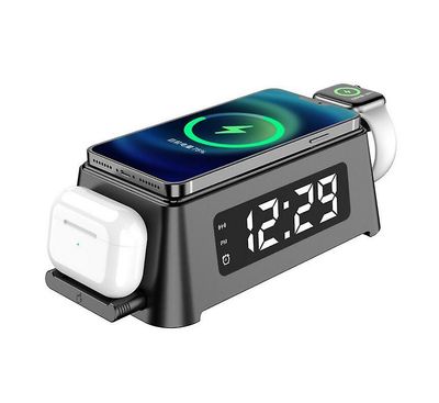 Frusde Trådløs lader med digital vekkerklokke, ladestasjon kompatibel med iPhone / iWatch / AirPods