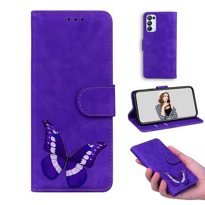 Etui til Oppo Reno 5 Pro 5g Butterfly Cover Premium Læder Magnetisk- Pink Lilla