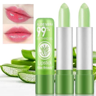 2 pakkaus Aloe Vera huulipuna pitkäkestoinen ravitseva huulirasva huulet kosteusvoide maaginen lämpötila väri muutos huulikiilto (vihreä)