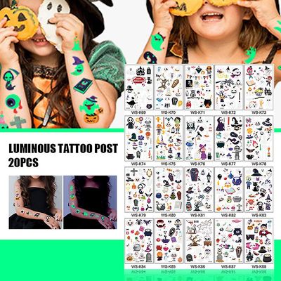 20 ark Midlertidige tatoveringer Klistermærker Lysende græskar kraniet Tatovering klistermærker Vandtæt Varig Halloween makeup sæt