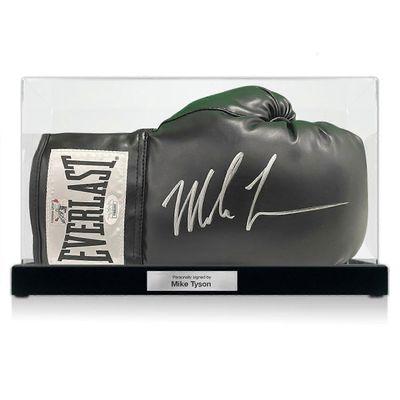 Exclusive Memorabilia Mike Tyson allekirjoitti mustan nyrkkeilyhansikkaan. Vitriini, jossa on plakki