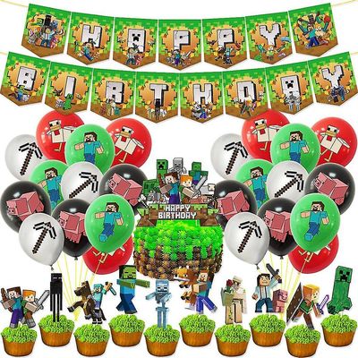 Minecraft Gaming Bursdag Tema Party Ballonger Kits Banner Cake Cupcake Topper Kids Dekorasjon Bursdag Theme Party