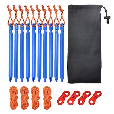 Aluminium Legering Telt Stakes Set, 10pcs 18cm Telt Spil med 4 stk Guy Line Rope, 4 stk Reb spænde og taske, Color Black Kongeblå