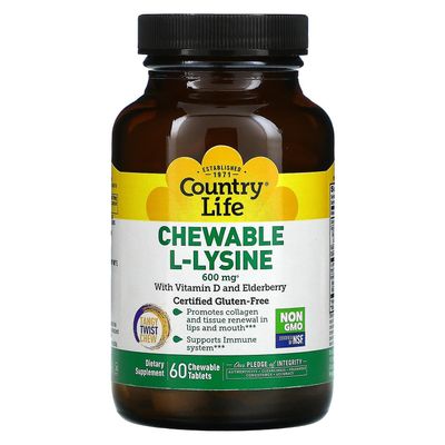 Country Life, Tuggbar L-lysin med D-vitamin och fläderbär, 300 mg, 60 tuggtabletter