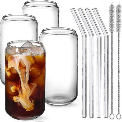Flkwoh-juomalasit lasipillillä 4kpl setti - 16oz tölkin muotoinen G