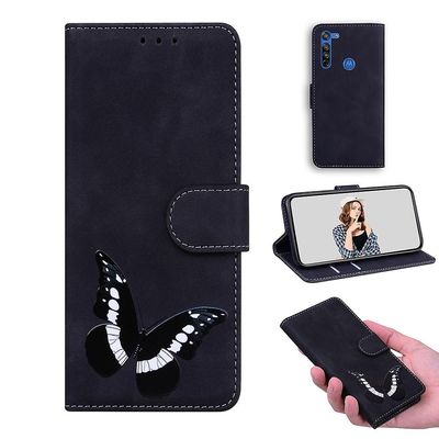 Etui til Motorola Moto G8 Butterfly Cover Premium Læder Magnetisk- Pink Sort