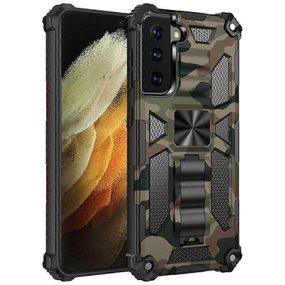 Samsung Galaxy S21 Ultra 5G Camouflage Armor iskunkestävä TPU + PC magneettinen suojakotelo pidikkeellä (mintunvihreä)