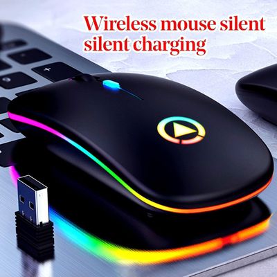 Genopladelig trådløs lydløs farverig led mus Optisk ergonomisk gaming mus Sort