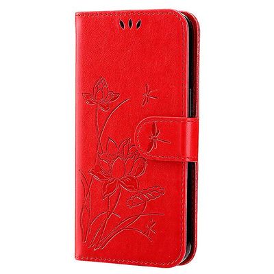 Gangxun Etui til Motorola Moto E7 Power Prægning Lotus Pu Læder Tegnebog Flip Cover Coque Etui Rød