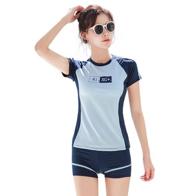 Naiset Lyhyet hihat Swim T-paidat Poikien shortsit Alaosat Kaksiosainen Rash Guard Opiskelijat Vatsanhallinta Uimapuku varten Kesä Sininen L