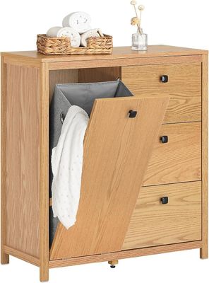SoBuy-pyykkikaappi pyykkikorilla ja 3 laatikolla, BZR97-N Luonnollinen 80x35x90cm