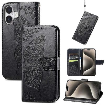 gzPuluz Butterfly Love Flower kohokuvioitu kotelo iPhone 16 Plus:lle Musta