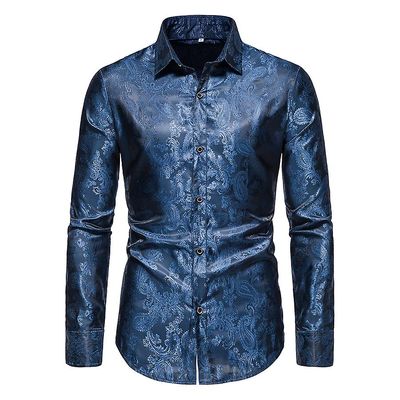 Kissqiqi Mænds Natklub Shiny 3d Trykt Slim Fit Button Down Party Dress Shirt Blå M