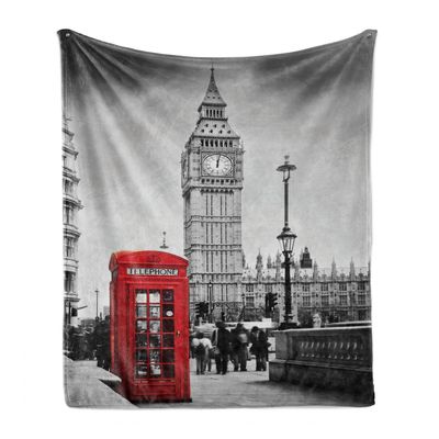 London Soft Flannel Fleece Throw Blanket, berømt telefonkiosk og Big Ben i England Street View of Town Retro, koselig plysj for innendørs og outdo ...