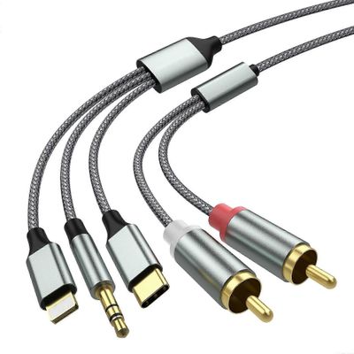 Lightning-RCA-kaapeli Audio Aux -sovitin, RCA-3,5 mm: n kaapeliUSB C - 2 RCA -äänikaapeli, 3 in 1 -äänikaapeli autoon, kotiteatteriin, kaiuttimeen ...