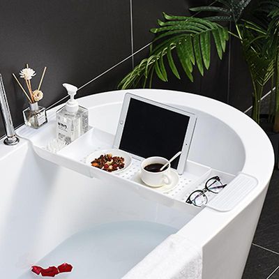 Badekar Caddy Tray -Bath Tray Expandablekan plasseres Book Og Integrert Tablet Smartphone Og Wine Holder hvit