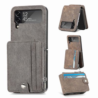 Galaxy Z Flip 3 -lompakkokotelo kortinpidikkeellä,2 in 1 irrotettava,vetoketjullinen lompakko,slim fit retro pu nahka suojaava läppäpuhelimen kansi