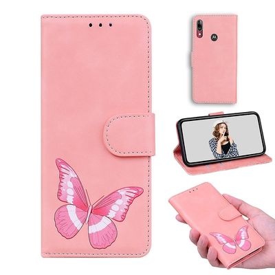Etui til Motorola Moto E6 Plus Butterfly Cover Premium Læder Magnetisk- Pink
