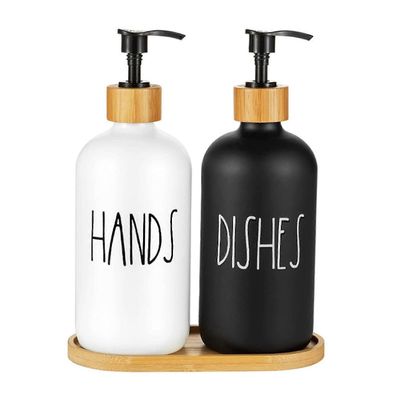 2kpl maalaistalon keittiön saippua-annostelijasarja tarjottimella - lasisaippua-annostelija valkoinen 500ML