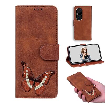 Etui til Huawei P50 Butterfly Cover Premium Læder Magnetisk- Pink Brown