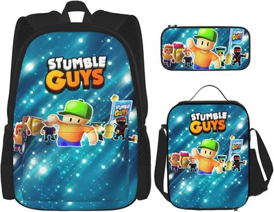 Stumble Guys Reppu Cartoon 3-osainen reppusetti Kannettava tietokone Reppu &; Eristetty lounaspussi ja penaali 3 in 1 lahjat pojille tytöille One Size